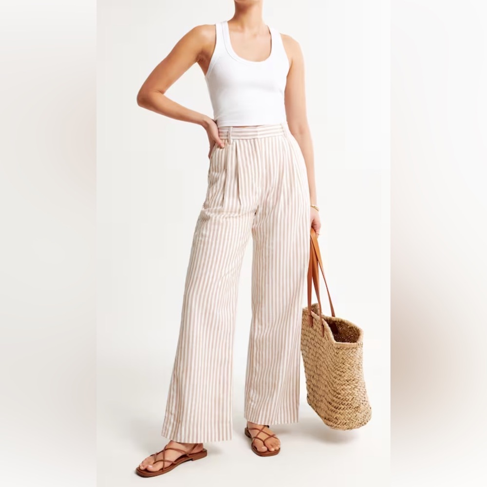 🌸 Abercrombie & Fitch ultra high rise linen blend ecru striped wide leg pants